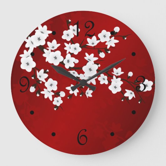Asia Floral Red White Cherry Blossom Oriental Große Wanduhr (Vorderseite)