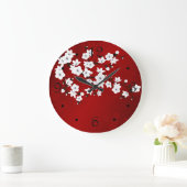 Asia Floral Red White Cherry Blossom Oriental Große Wanduhr (Zuhause)