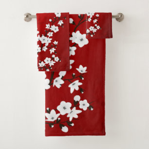Asia Floral White Cherry Blossom Red Badhandtuch Set