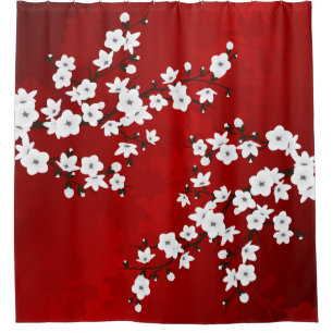 Asia Floral White Cherry Blossom Red Duschvorhang