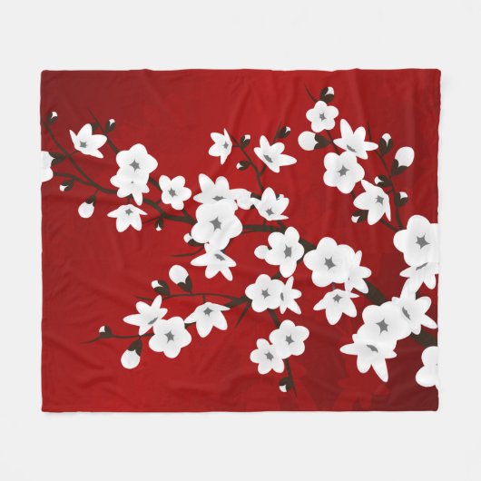 Asia Floral White Cherry Blossom Red Fleecedecke (Vorderseite (Horizontal))
