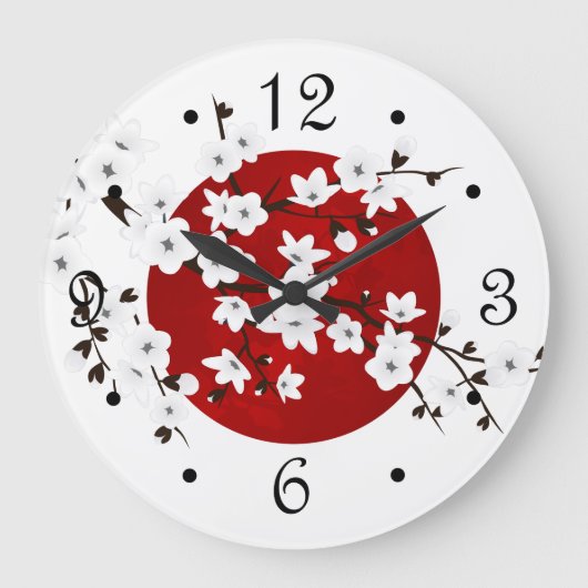 Asia Floral White Cherry Blossom Red Große Wanduhr (Vorderseite)