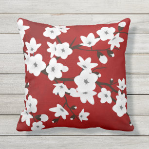 Asia Floral White Cherry Blossom Red Kissen Für Draußen