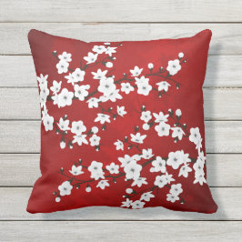 Asia Floral White Cherry Blossom Red Kissen Für Draußen