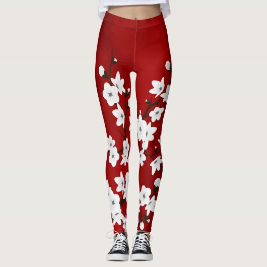 Asia Floral White Cherry Blossom Red Leggings (Vorderseite)