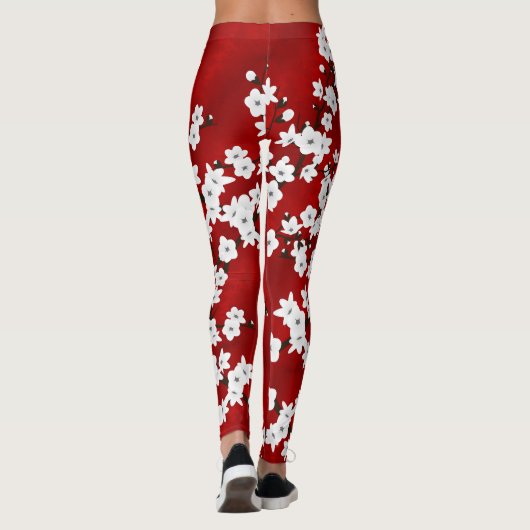Asia Floral White Cherry Blossom Red Leggings (Rückseite)