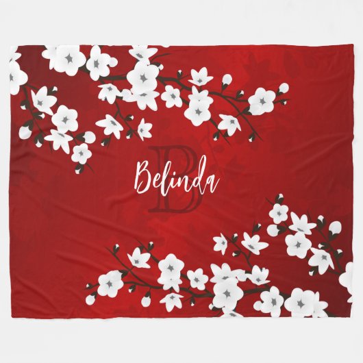 Asia Floral White Cherry Blossom Red Monogram Fleecedecke (Vorderseite (Horizontal))