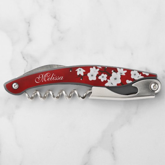 Asia Floral White Cherry Blossom Red Monogram Kellnermesser (Rückseite)