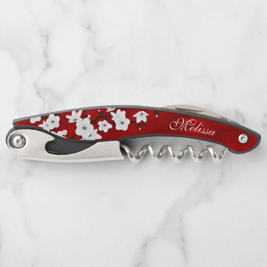 Asia Floral White Cherry Blossom Red Monogram Kellnermesser (Vorderseite)