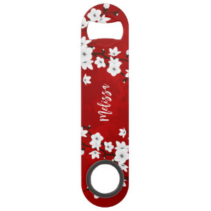 Asia Floral White Cherry Blossom Red Monogram Speed Flaschenöffner