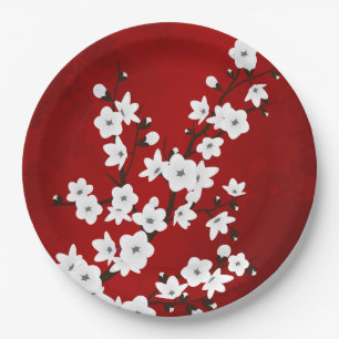 Asia Floral White Cherry Blossom Red Pappteller
