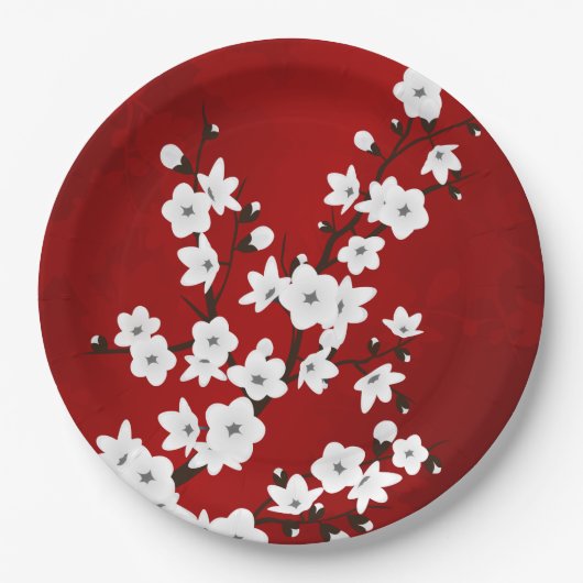 Asia Floral White Cherry Blossom Red Pappteller (Vorderseite)