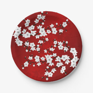 Asia Floral White Cherry Blossom Red Pappteller