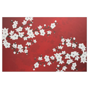 Asia Floral White Cherry Blossom Red Stoff