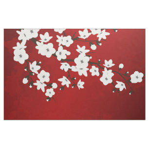 Asia Floral White Cherry Blossom Red Stoff