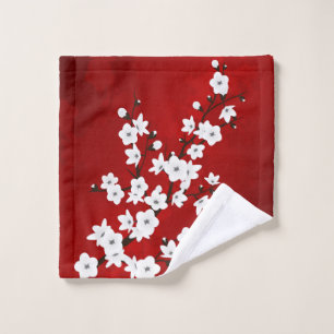 Asia Floral White Cherry Blossom Red Waschlappen