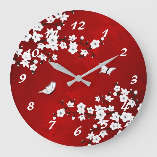 Asia Floral White Cherry Blossom Rote Zahlen Große Wanduhr (Vorderseite)