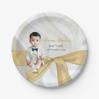 Asian Baby Boy Taufe Christening White & Gold Pappteller