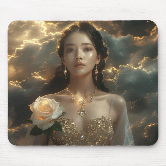 Asian Beauty With White Rose Mousepad (Vorne)