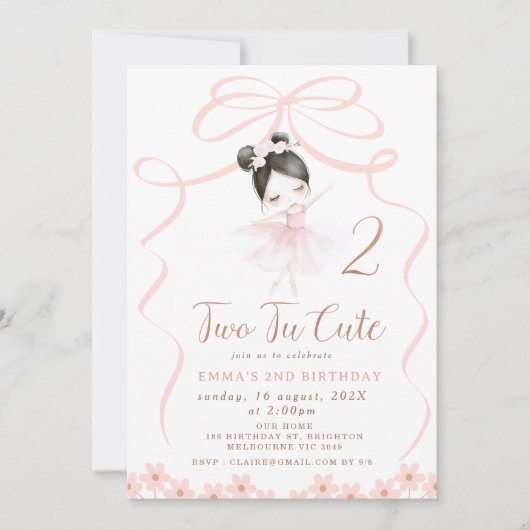 Asian Black Hair Ballerina Two Tu Niedliche Geburt Einladung (Vorderseite)