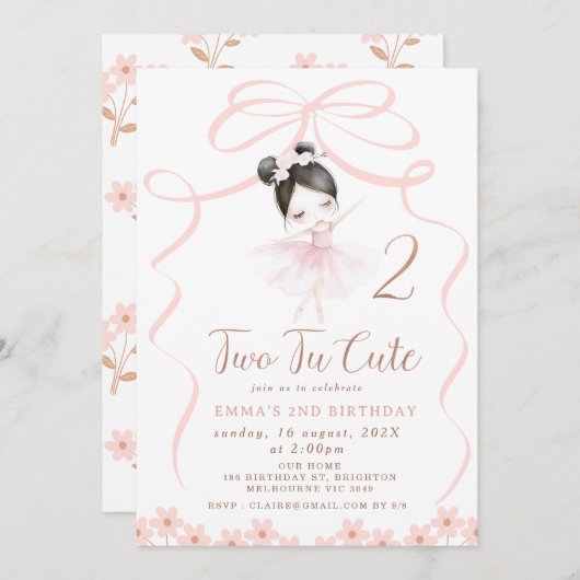 Asian Black Hair Ballerina Two Tu Niedliche Geburt Einladung (Vorne/Hinten)