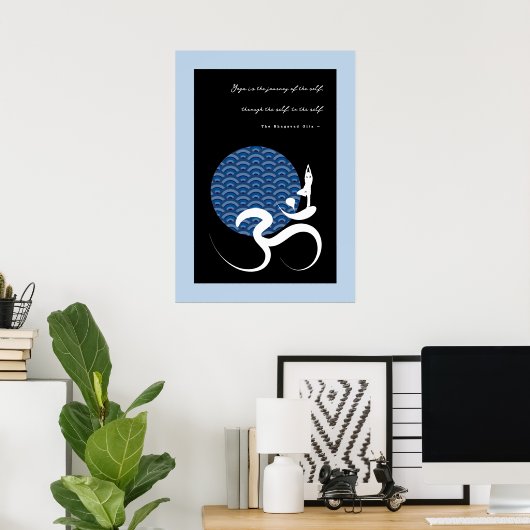 Asian Blue Sun Yoga Modern Zen Calligraphy Om Om Poster (Heimbüro)