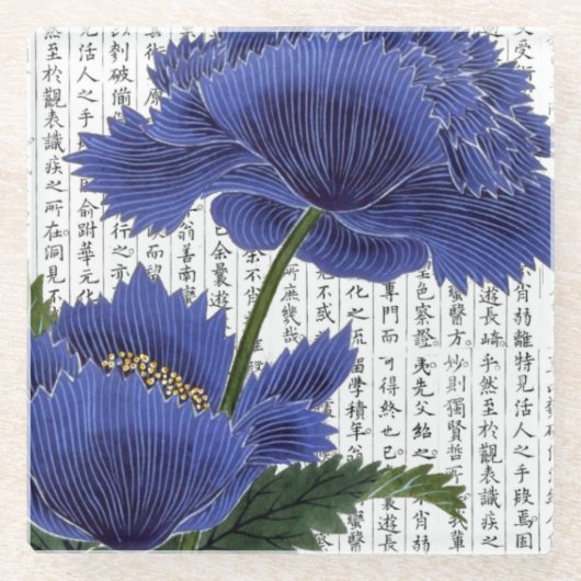 Asian BluePoppies on Kanji Background Glasuntersetzer (Vorderseite)