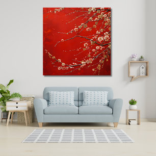 Asian Cherry Blossom auf lebendigem rotem Hintergr Leinwanddruck