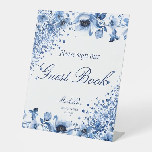 Asian Chinoiserie Light Blue Floral Guest Book Sockelschild (Vorderseite)