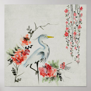 Asian`Crane Floral Poster