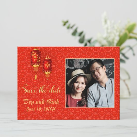 Asian Flat Save the Date Card (Stehend Vorderseite)
