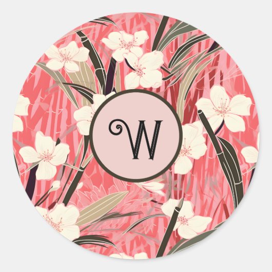 Asian Floral Pink Peach White Chinoiserie Monogram Runder Aufkleber (Vorderseite)
