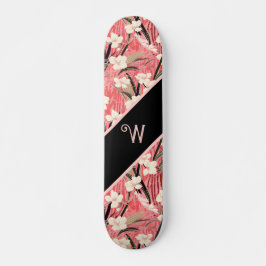 Asian Floral Pink Peach White Chinoiserie Monogram Skateboard