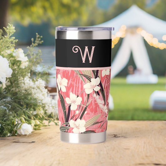 Asian Floral Pink Peach White Chinoiserie Monogram Thermobecher (Hochzeit)
