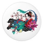 Asian Geisha Dragon Cherry Blossoms Blue Keramikknauf (Vorderseite)