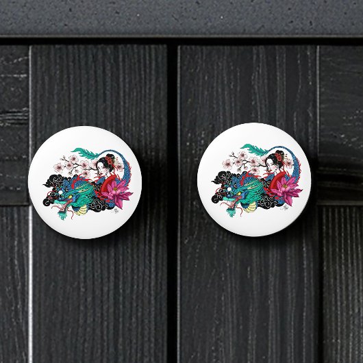 Asian Geisha Dragon Cherry Blossoms Blue Keramikknauf