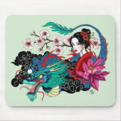 Asian Geisha Dragon Cherry Blossoms Blue Mousepad (Vorne)