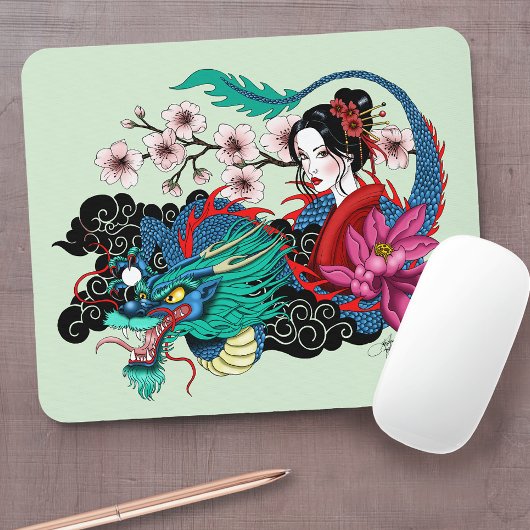 Asian Geisha Dragon Cherry Blossoms Blue Mousepad