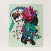 Asian Geisha Dragon Cherry Blossoms Blue Puzzle (Vertikal)