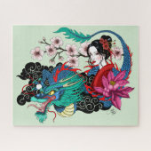 Asian Geisha Dragon Cherry Blossoms Blue Puzzle (Horizontal)