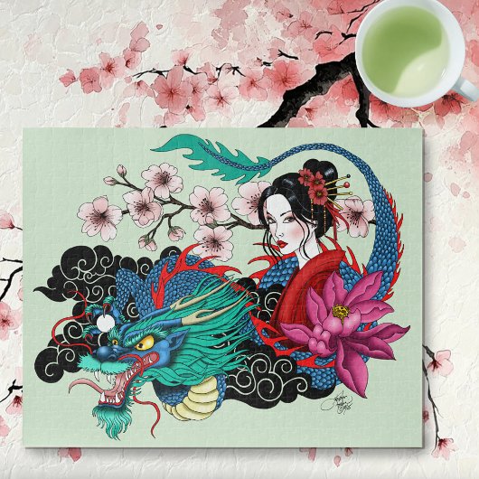Asian Geisha Dragon Cherry Blossoms Blue Puzzle