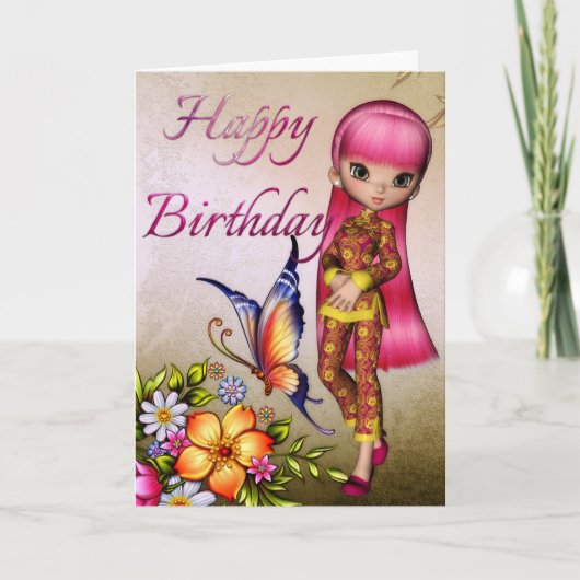 Asian Girl Beautiful Blume Happy Birthday Card 2 Karte (Vorderseite)