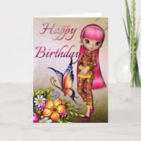 Asian Girl Beautiful Blume Happy Birthday Card 2