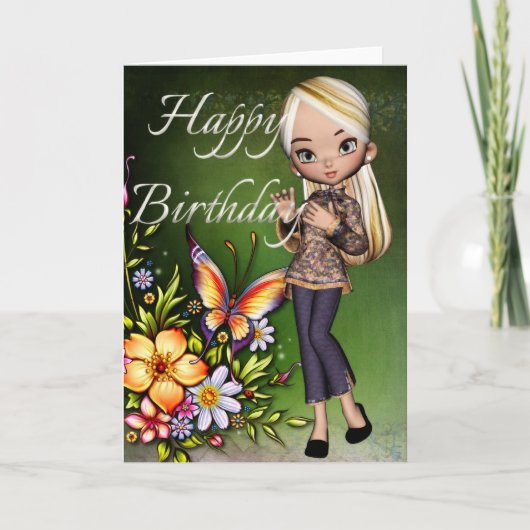 Asian Girl Beautiful Blume Happy Birthday Card 4 Karte (Vorderseite)