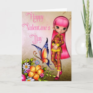 Asian Girl Happy Valentine's Day Grußkarte 2 Feiertagskarte