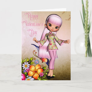 Asian Girl Happy Valentine's Day Grußkarte 3 Feiertagskarte