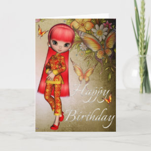 Asian Girl Schöne Blume Happy Birthday Card 3 Karte