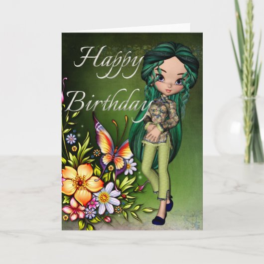 Asian Girl Schöne Blume Happy Birthday Card 5 Karte (Vorderseite)