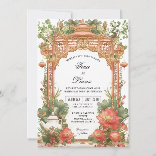 Asian Lotus Tea Ceremony Wedding Invitation Einladung (Vorderseite)