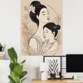 Asian Mother & Daughter – Minimalist Boho Line Art Poster (Heimbüro)